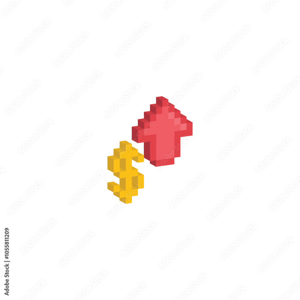 Poster isometric pixel dollar rate up icon pixel art icon element for 8 bit game