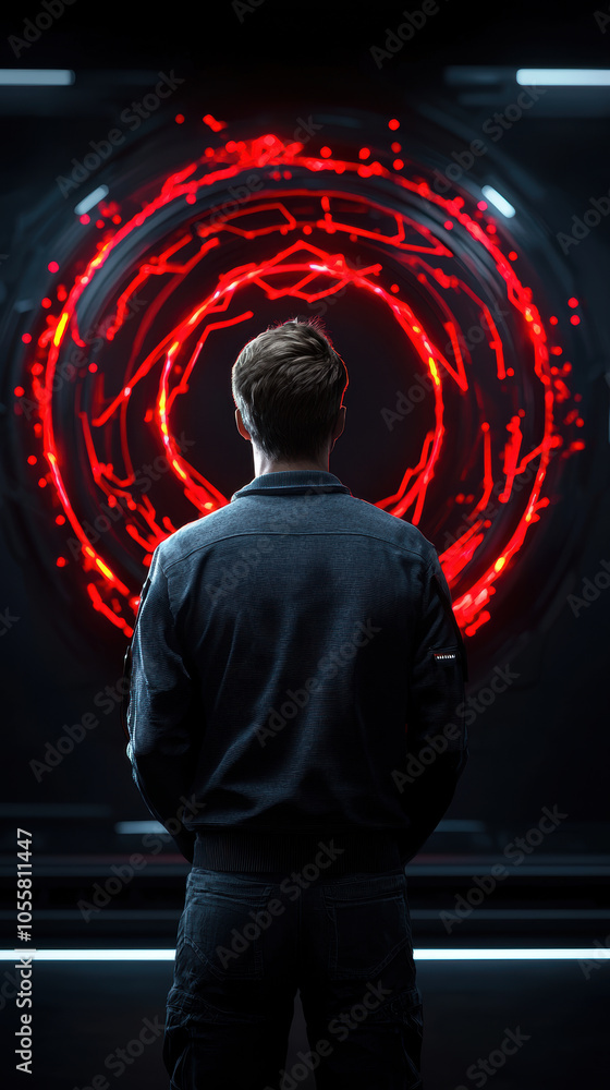 Poster man observing glowing red circular design in futuristic setting