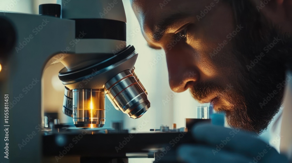 Poster Close-up of a Man's Face Examining a Sample Under a Microscope