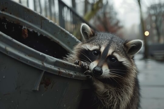 A curious raccoon peeks out from a trash can on a rainy day, its mischievous expression revealing a hint of playful wildness.
