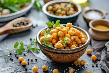 A rustic bowl of marinated chickpeas garnished with fresh herbs sits on a textured table, surrounded by spices, highlighting a wholesome culinary experience.