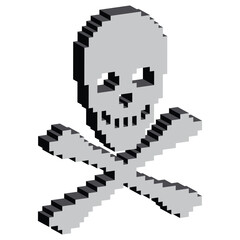 Obraz premium isometric Skull and bones icon 8 bit, pixel pirate icon for game logo.