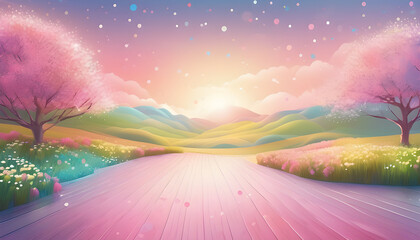 Pop Spring background, wide frame, bright pastel colors, soft lines and dots, giving a bright and relaxing feeling.