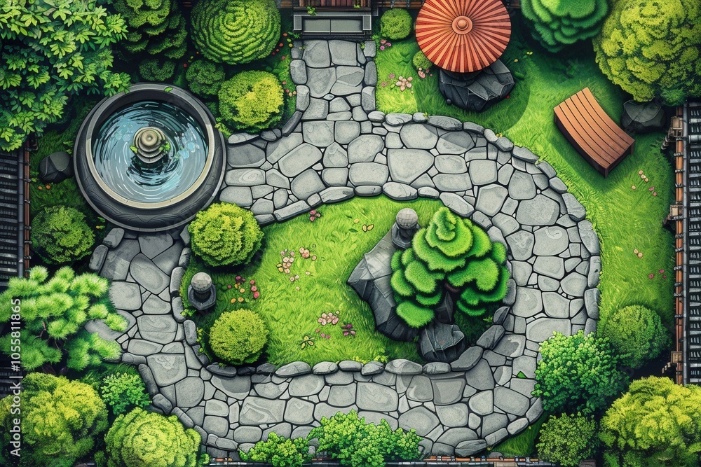 Poster a computer generated image of a garden with a stone path and a fountain