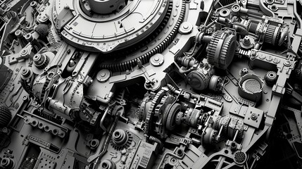 High-Detail Monochrome View of the Complex Structure of Car Engine Components