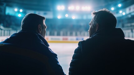 Coaches strategizing by the rink during hockey practice