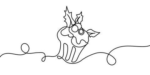 Continuous line drawing of Christmas muffin, cupcake. Sweet pastry, cake in cup, bakery dessert in Christmas design