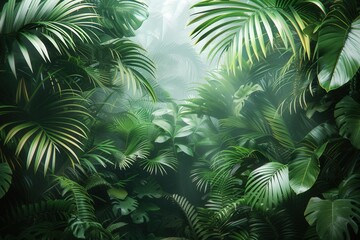 A lush green jungle with many leaves and vines