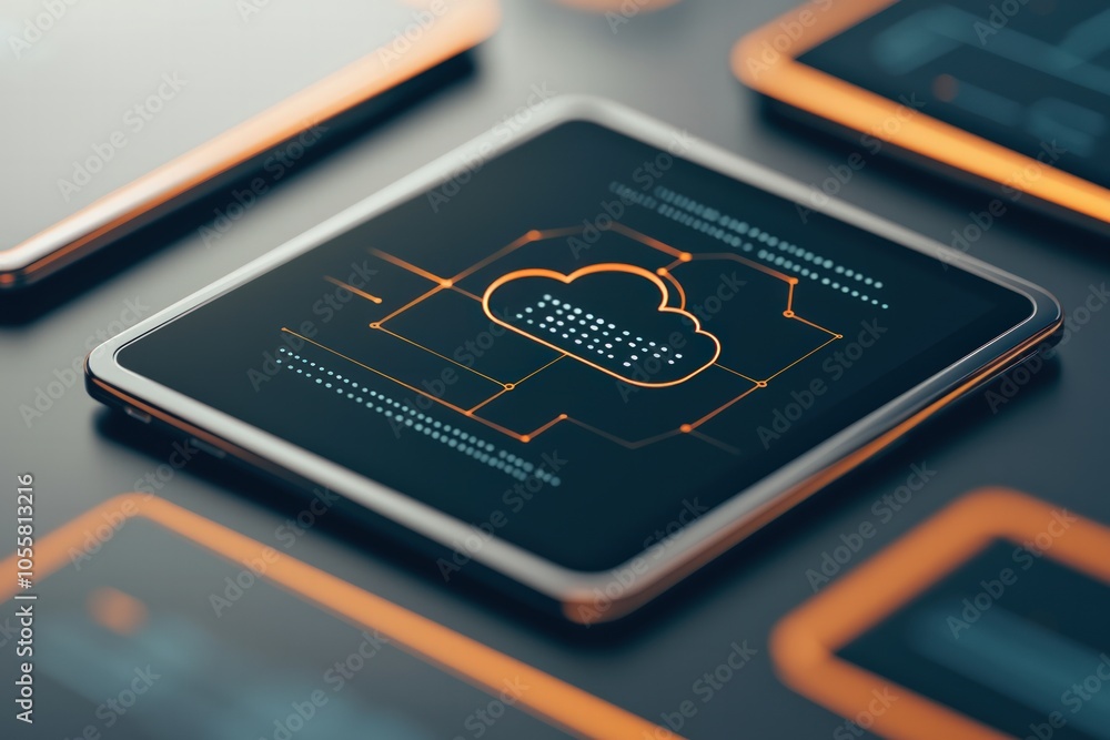 Poster exploring the future of cloud technology through innovative digital interfaces and connectivity