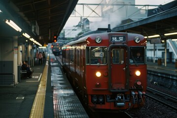 Fototapeta premium A steam train rests at a bustling station, its vibrant red hue contrasting against the gray platform, capturing the nostalgia of railway journeys.