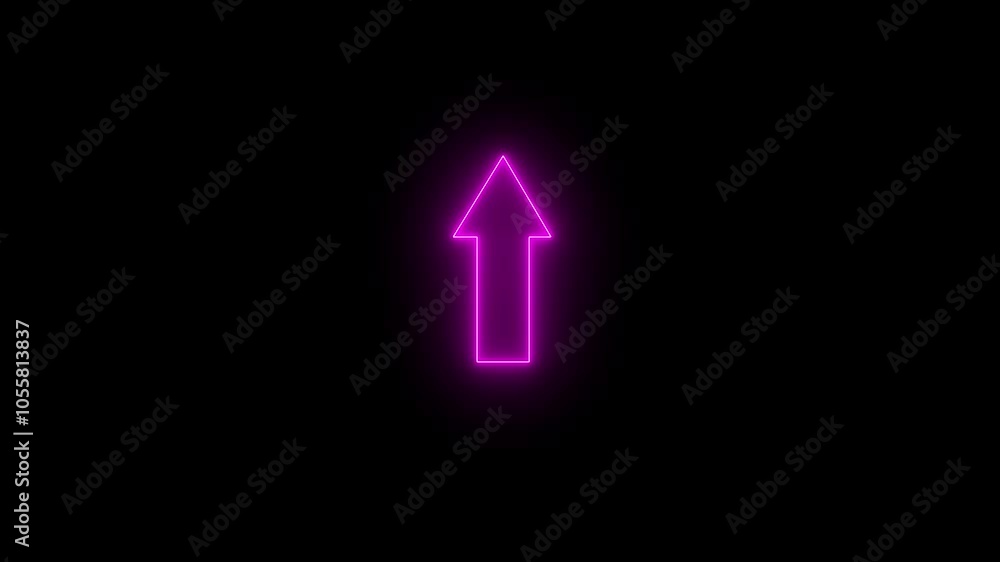 Poster abstract neon glowing up arrow icon animation on black background. neon upload arrow icon animation.