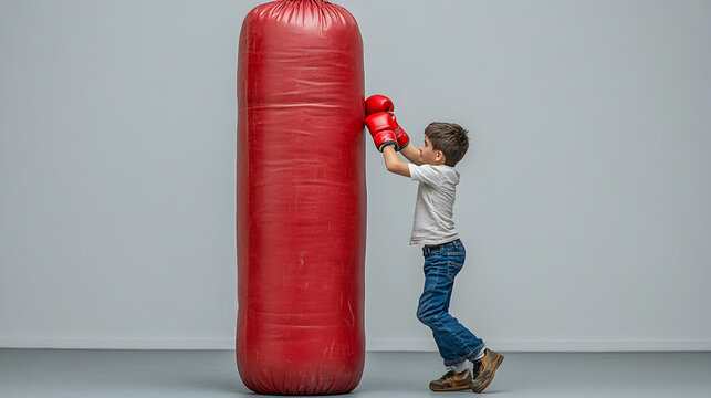 un ni&ntilde;o peque&ntilde;o practicando boxeo pegandole y boxeando con el costal aprendizaje de deporte y disciplina