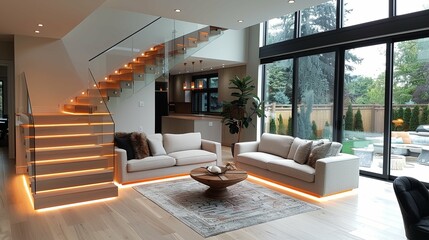 Modern Maple Wood Staircase Featuring Transparent Glass Panels and Subtle LED Lighting Under the Handrails
