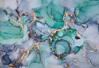 Natural  luxury abstract fluid art painting in liquid ink technique. Tender and dreamy  wallpaper. Mixture of colors creating transparent waves and golden swirls. For posters, other printed materials