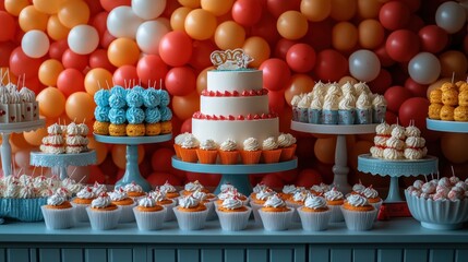 A colorful dessert display featuring cakes and cupcakes for a celebration.