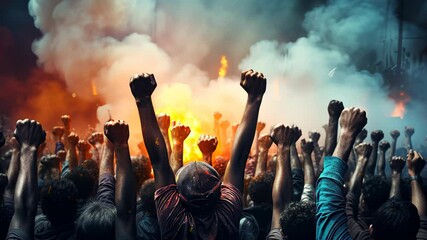 Demonstrators gather under smoky skies, raising their fists in unity for social change and justice