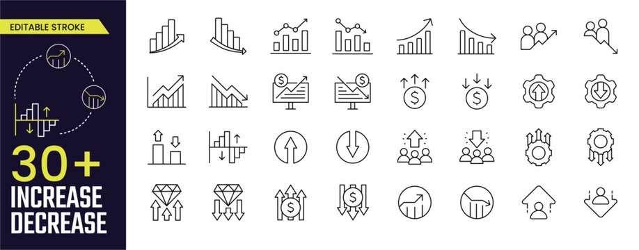 Increase and Decrease Stroke icon collections. Containing Increase, Decrease, Growth, Fall, up, down icons. Editable Stroke icon collections.