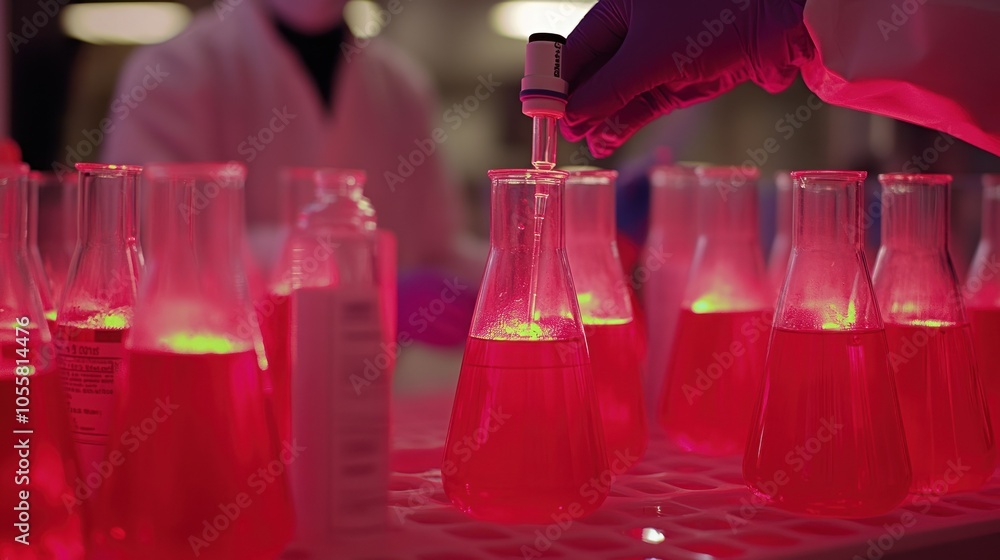 Aufkleber A gloved hand dispenses liquid into a row of flasks containing red liquid.