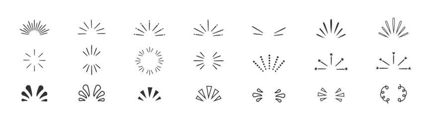Doodle sparkle vector set, sunburst, rays, starburst, hand drawn elements illustration. Doodle shine sunburst sparkle ray elements.
