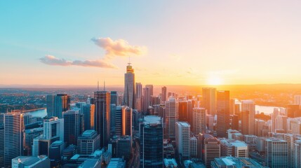Fototapeta premium Stunning Cityscape with Rainbow at Sunset