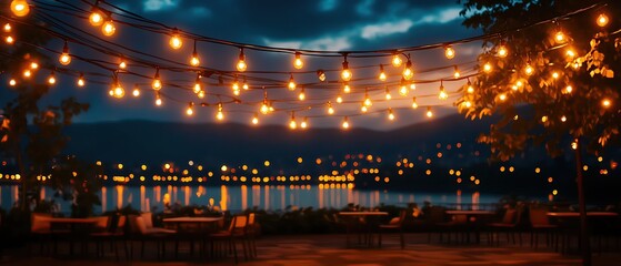 Rooftop view of a city at night with twinkling lights, outdoor seating, and a lively social scene, capturing the allure of urban nightlife