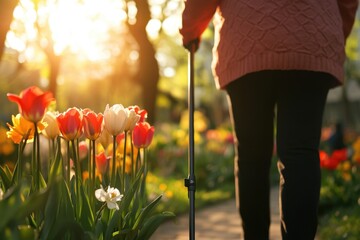 Elderly person enjoying peaceful walk blooming tulips at sunset