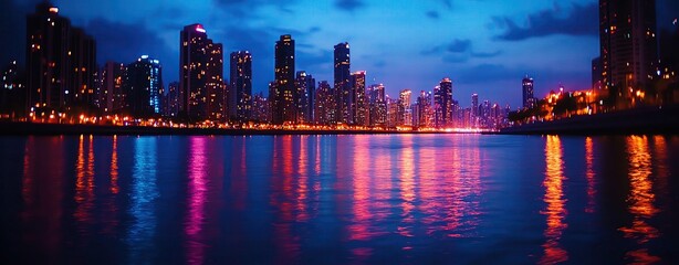 Fototapeta premium Skyline of a modern city at night with illuminated skyscrapers reflecting on a calm river, creating a stunning and vibrant urban scene