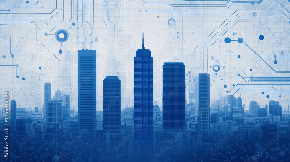 Poster futuristic city skyline with circuit patterns illustrating technology integration in urban environme