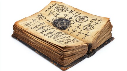 Spell book with mystical symbols, isolated on a white background, ideal for Halloween or magical concept stock images.