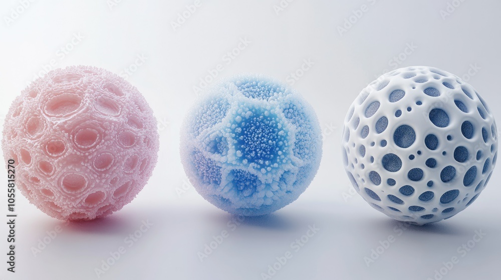 Poster sphere shapes with cell-like appearance, 3d rendering on white background, organic textures and soft
