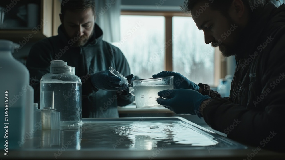 Poster two men in a lab setting pouring liquid into a beaker