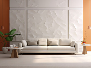 3D Style Modern Living Room with White Sofa and Coffee Table Featuring Embossed Wall Panels