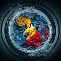 Vibrant Clothes in Washing Machine with Splashing Water