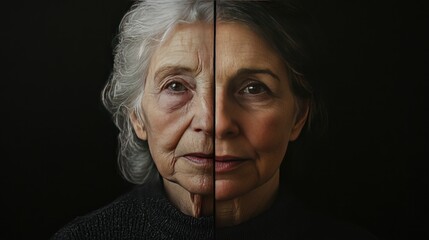 Split face portrait of half elderly woman and half middle-aged woman, representing life stages and aging