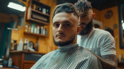 A young man sits in a barber's chair, draped in a striped cape, as a tattooed barber stands behind...