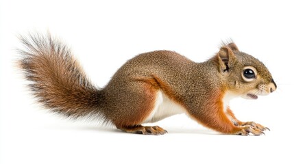 Obraz premium Squirrel in a crouched position, full body view, isolated on white.
