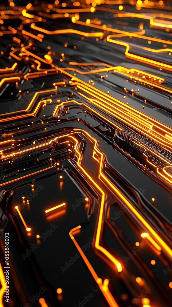 Poster dynamic circuit patterns illuminating the future of technology with vibrant orange lines