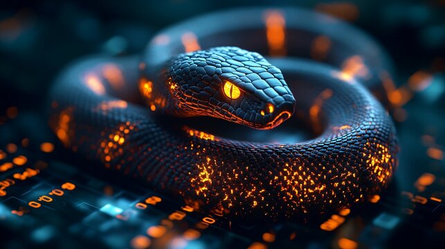 A glowing snake amidst code lines symbolizes python programming's dynamic and powerful nature