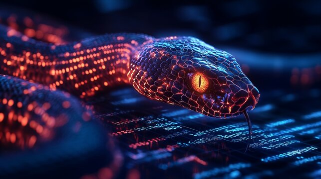 A glowing snake amidst code lines symbolizes python programming's dynamic and powerful nature