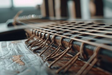 Close-up of traditional stringed instrument shows intricate craftsmanship and rich textures,...