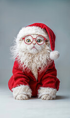 Full body photo of a realistic cat sitting and dressed as santa claus on a neutral light grey background