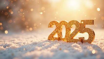 Luxurious 2025 New Year Banner: Golden Glitter Design for Festive Marketing Campaigns and Holiday...