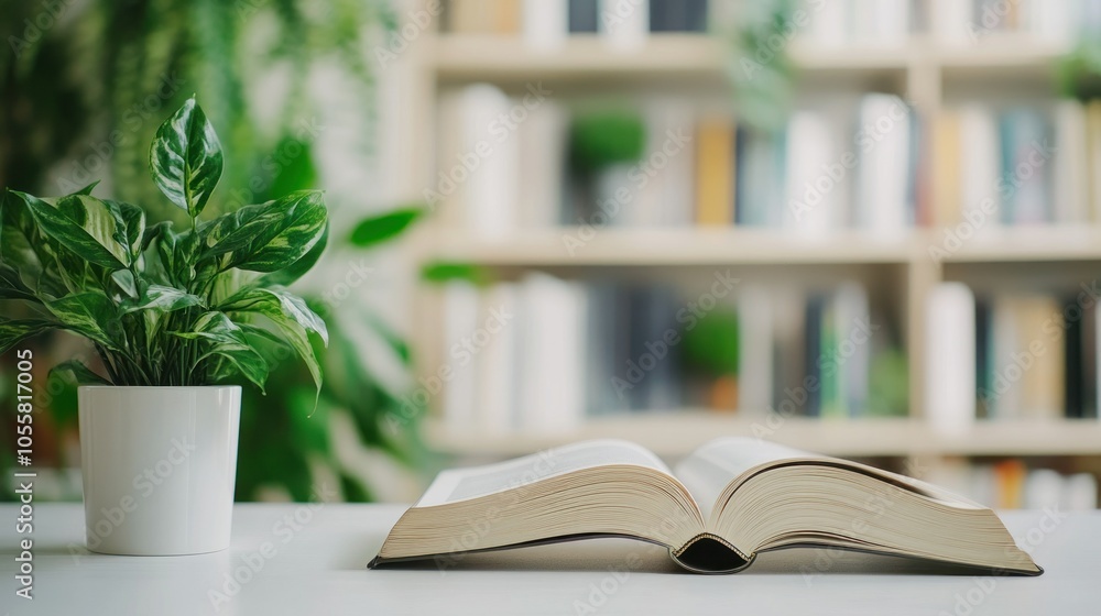 Poster Open Book on a White Table with a Green Plant in the Foreground and a Blurred Bookshelf in the Background