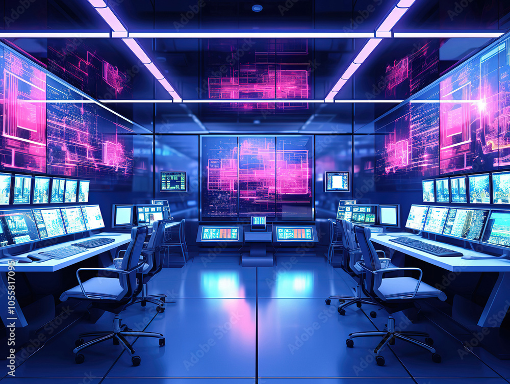 Poster modern security control room with multiple displays in a high-tech monitoring center