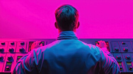 Naklejka premium Factory worker operating holographic control panel, futuristic manufacturing