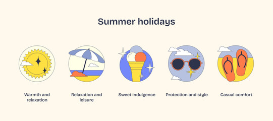 Summer holidays depicted with sun, ice cream, and sunglasses in vibrant, bold colors. Neubrutalism style