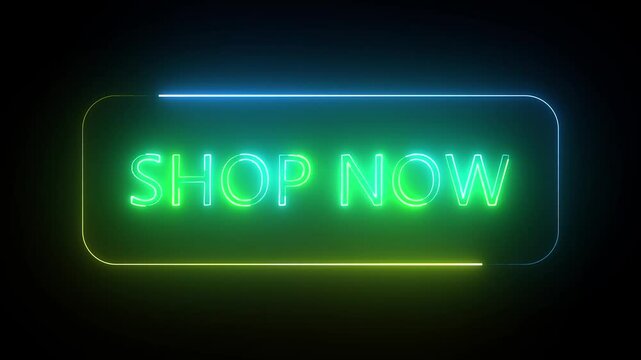 neon glowing animation on black background. Shop now neon text animation with rectangle frame.