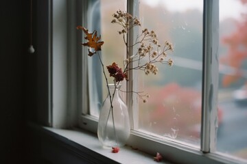 Delicate, dried flowers rest in a glass vase on a windowsill, the soft light filtering in creates a serene and nostalgic ambiance.