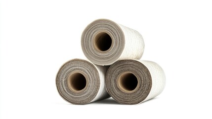 Stack of toilet paper rolls, isolated on white background, three rolls with soft texture