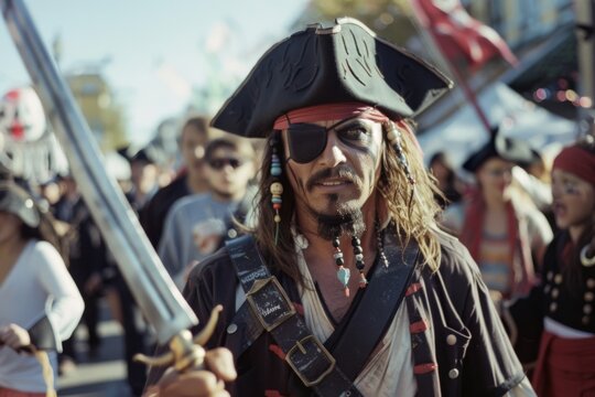 A lively pirate festival with a costumed man in the foreground, holding a sword, surrounded by a bustling, vibrant crowd, evoking swashbuckling excitement.